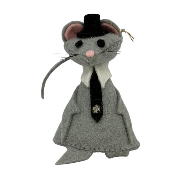Handcrafted Other - Vintage Gray Wool Felted Mouse Ornament Black Top Hat Collar Tie Handcrafted